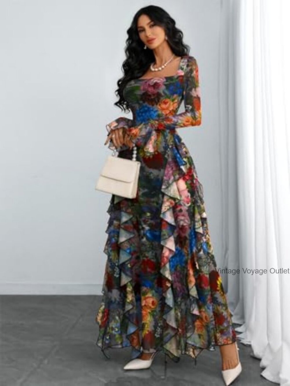 Square Neck Mesh Sheer Long Sleeve Ruffle Layered Midi Dress - Picture 6 of 7